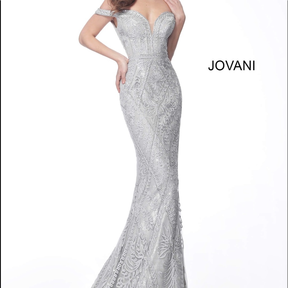 NWT Jovani Grey Off the Shoulder Evening Gown